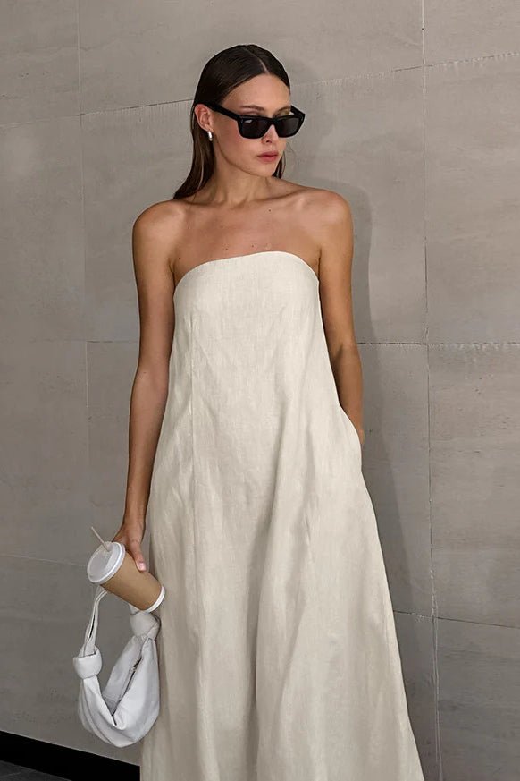 Bianca Strapless Maxi Dress in Khaki, Women's Strapless Cotton Linen Maxi Dress, High Waist Evening Gown, Size M, SOERA