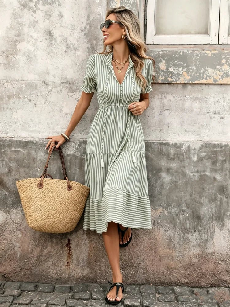 SOERA Bianca Striped Tassel Midi Dress - Dress -  Green M