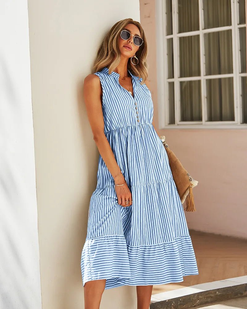 SOERA Bianca Striped V - Neck Sleeveless Shirt Dress - Dress -  Blue L
