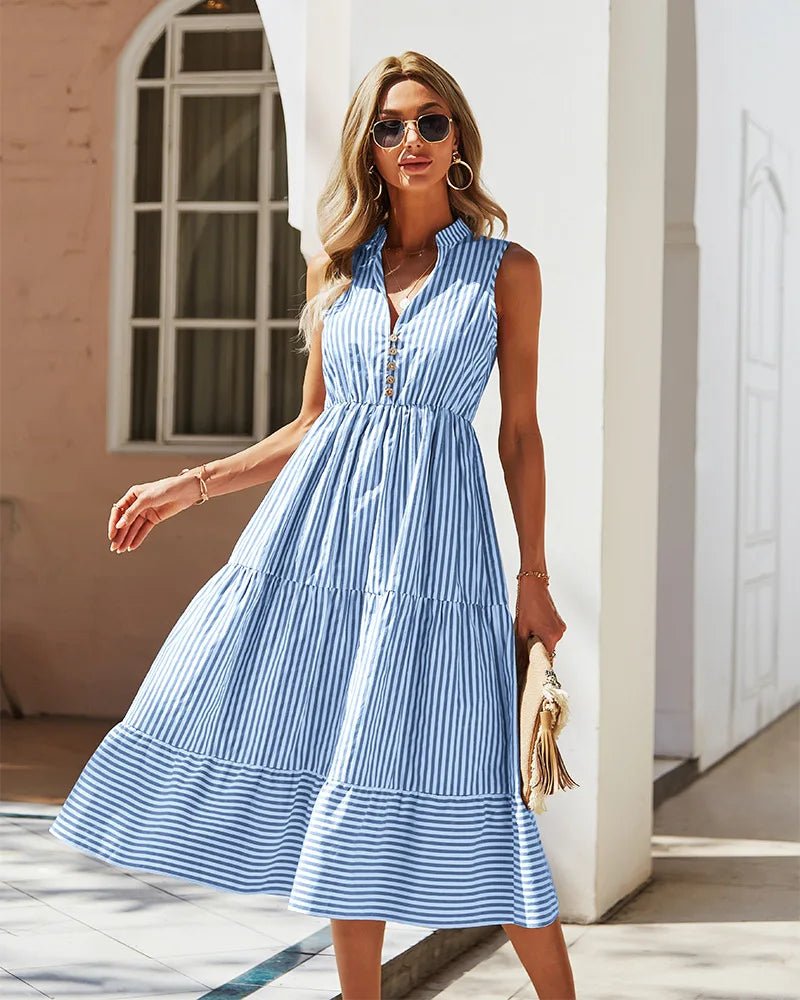 SOERA Bianca Striped V - Neck Sleeveless Shirt Dress - Dress -  Blue S