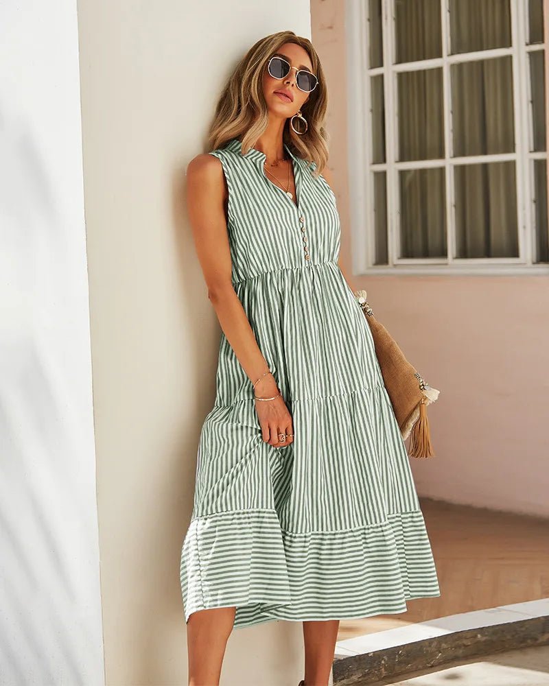SOERA Bianca Striped V - Neck Sleeveless Shirt Dress - Dress -  Olive M
