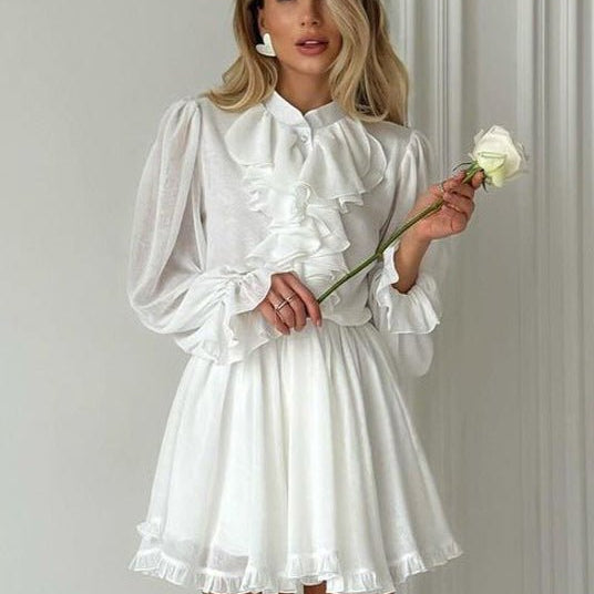 Brigitte Ruffled Mini Dress in White, Women's Ruffled Mini Dress, Long Sleeve Lightweight, Cinched Waist, Romantic French Style, SOERA Brigitte Ruffled Mini Dress in White, Women's Ruffled Mini Dress, Long Sleeve Lightweight, Cinched Waist, Romantic French Style, SOERA