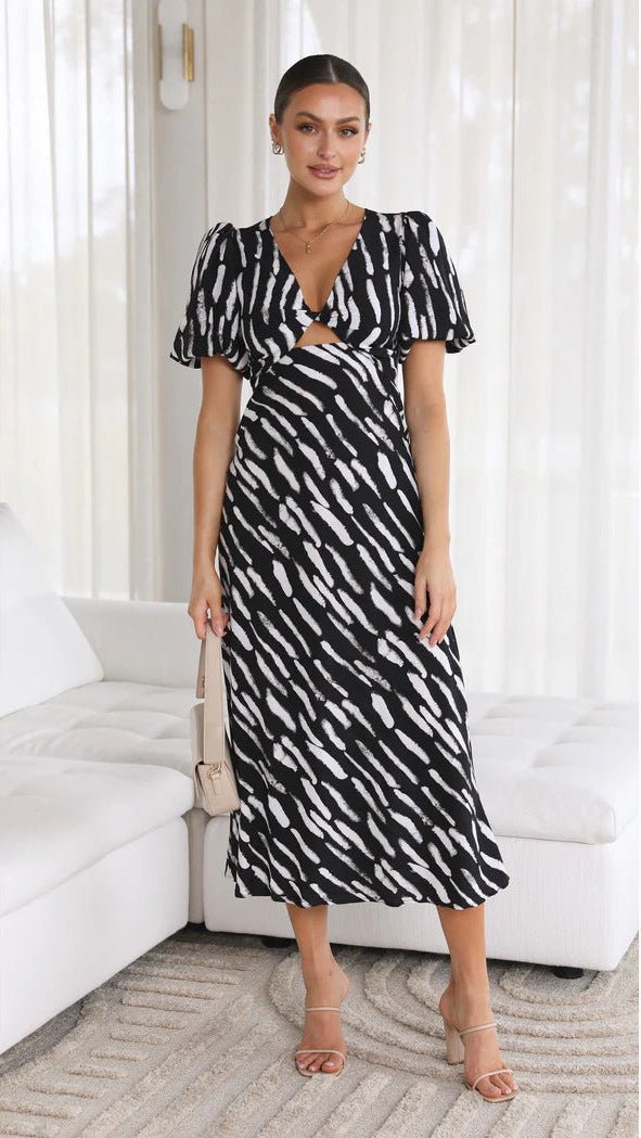 SOERA Brooke Printed V - Neck A - Line Midi Dress - Dress -  Black X