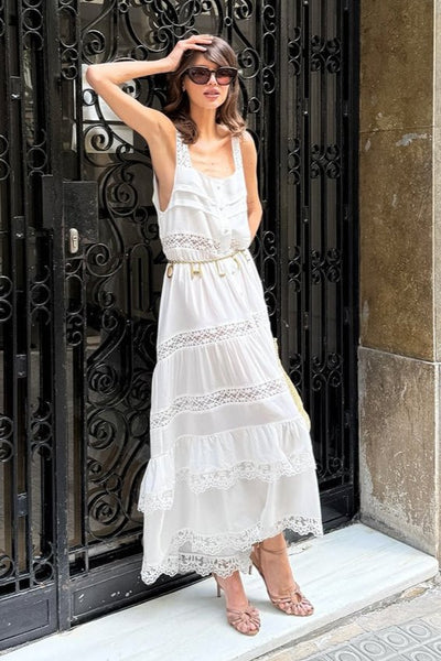 Celeste Boho Lace Patchwork Ruffle Maxi Dress in White, Women's Boho Lace Patchwork Ruffle Maxi Dress, Square Neckline, Romantic Evening Wear, SOERA