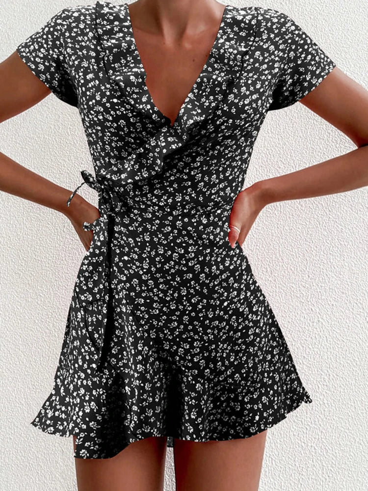 SOERA Celeste Floral V - Neck A - Line Mini Dress - Dress -  Black L
