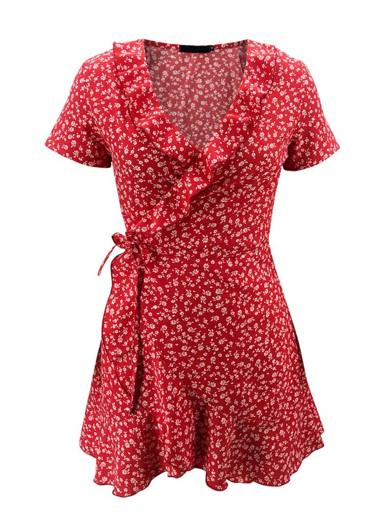 SOERA Celeste Floral V - Neck A - Line Mini Dress - Dress -  Red L