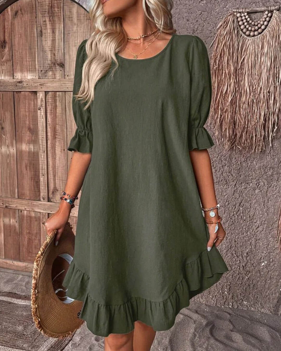 olive green smock dress Army Green Notched Neck Ruffle Hem Smock Dress