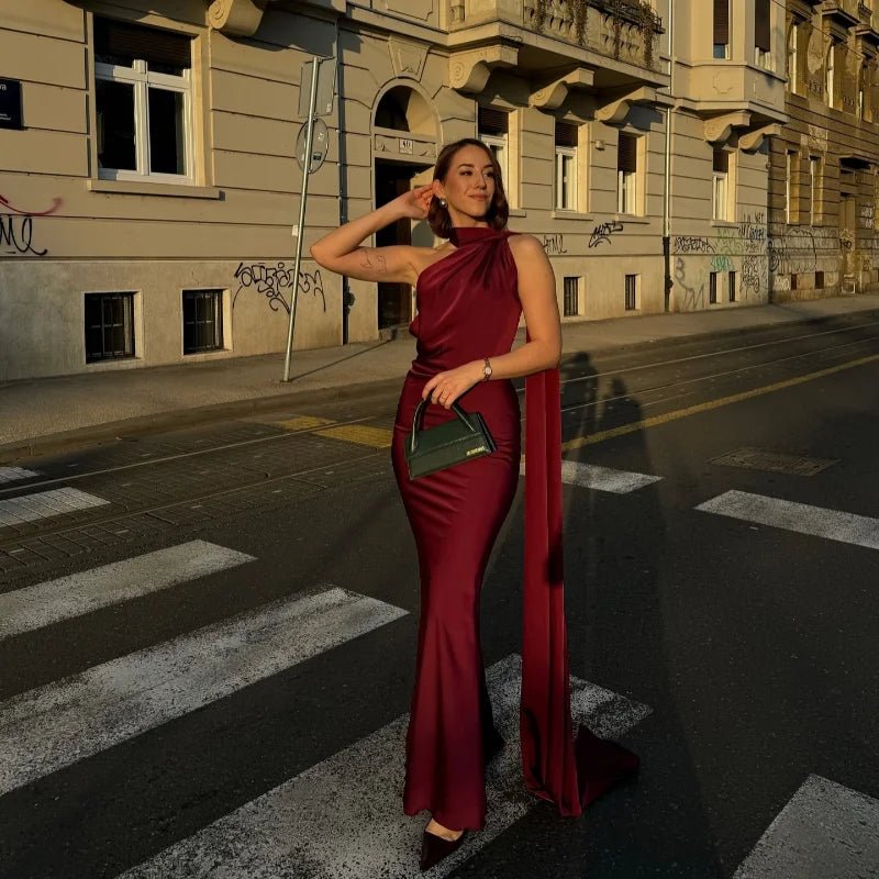 SOERA Demetra Satin Halter Backless Evening Gown - Dress -  Burgundy S