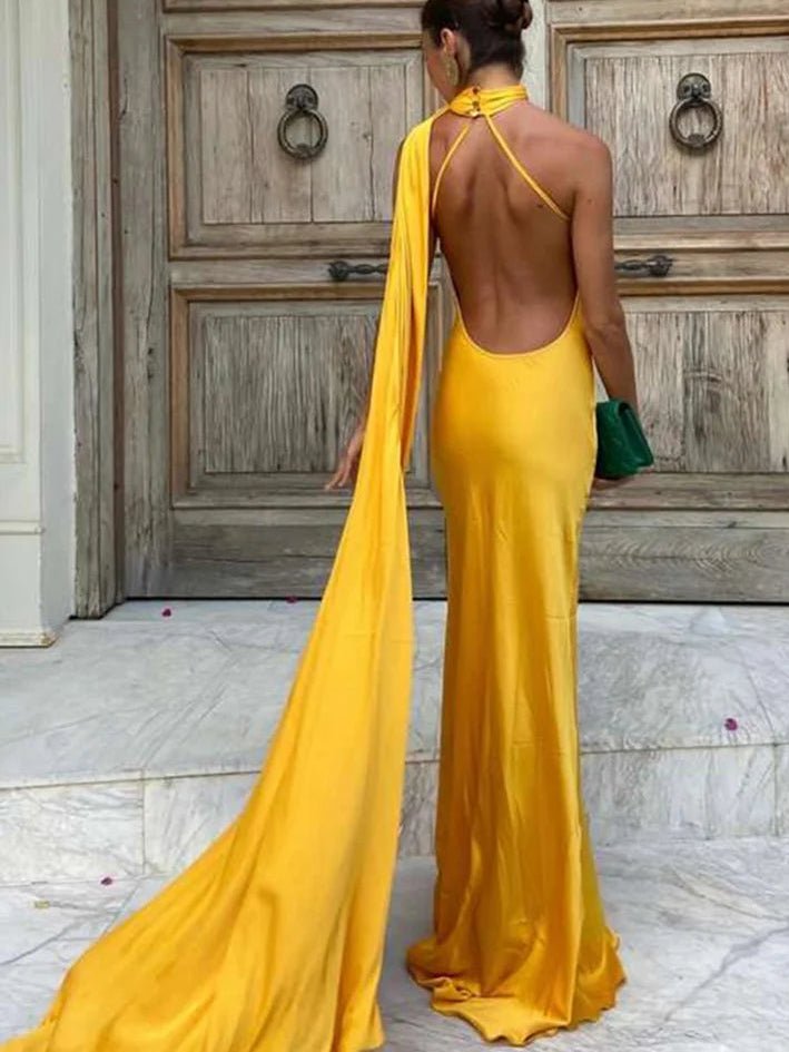 SOERA Demetra Satin Halter Backless Evening Gown - Dress -  Yellow S