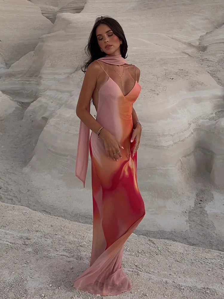 SOERA Elena Open-Back Ombre Satin Maxi Dress - Dress - SOERA-614339-ORA-M-87747 Orange M
