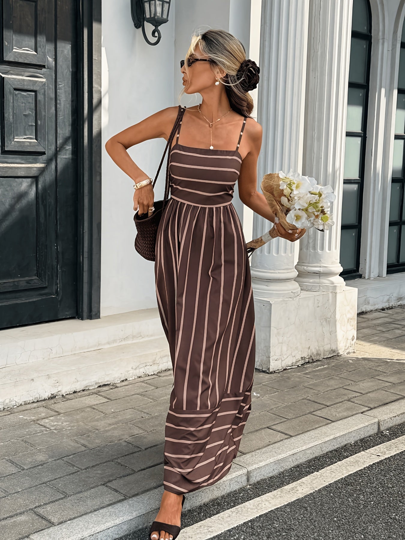 Elena Striped Linen Slip Dress in Brown, summer 2026 dress, Striped Linen Slip dress, flowy summer dress, women's dress, SOERA