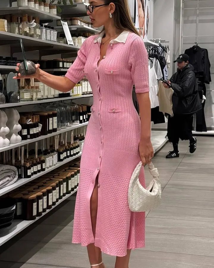 SOERA Hannelore French V - Neck Knitted Slit Dress - Dress -  Pink S