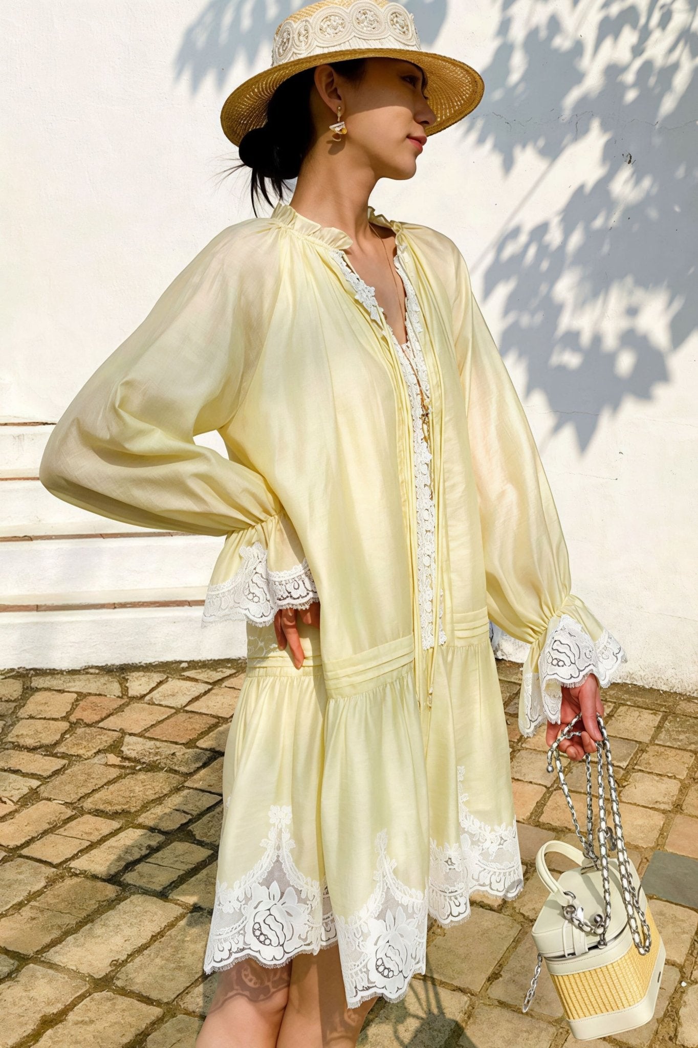 Imara Linen Lace Patchwork Midi Dress in Light Yellow, for Women, SOERA