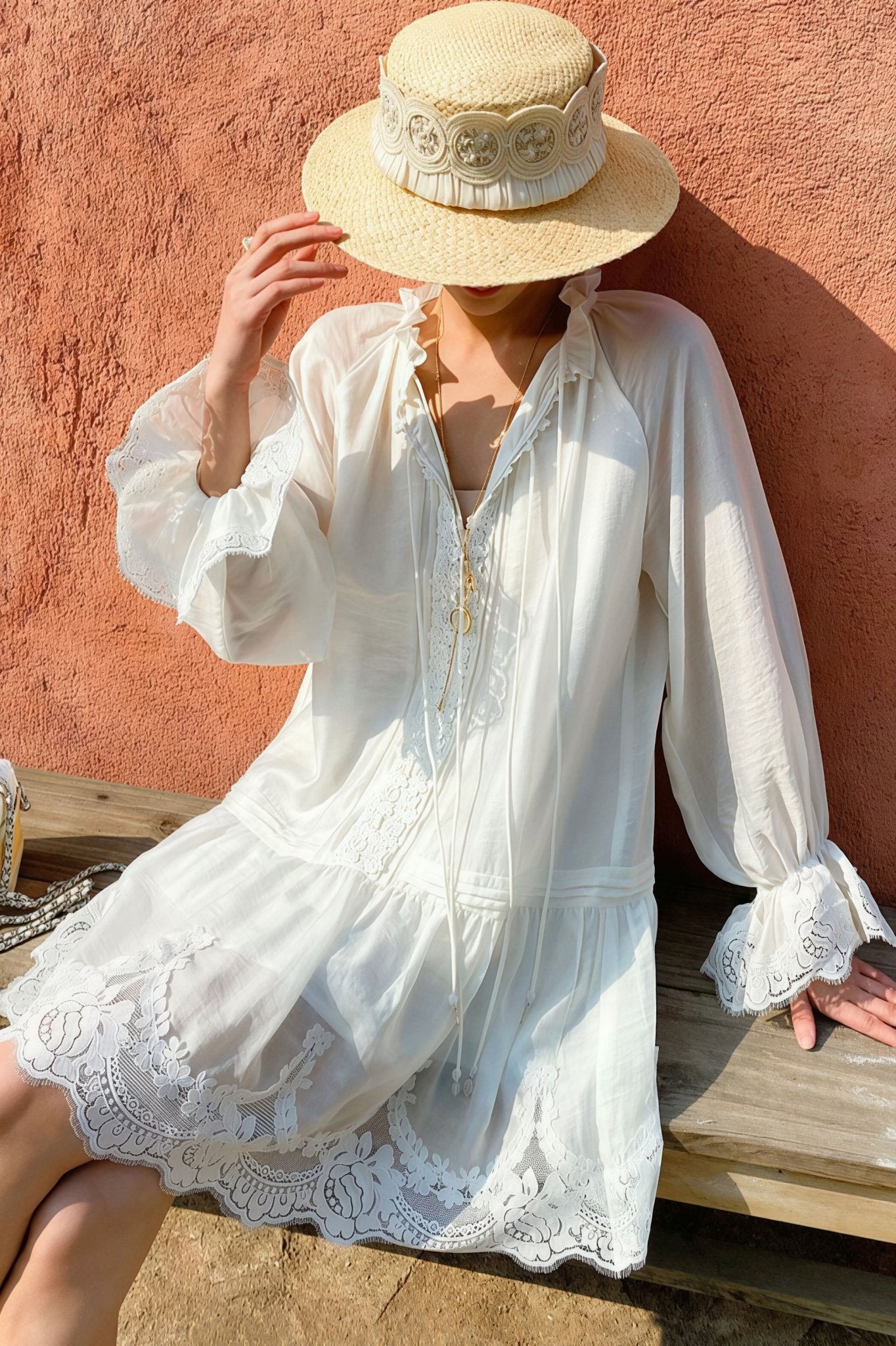 Imara Linen Lace Patchwork Midi Dress in Light Yellow, for Women, SOERA