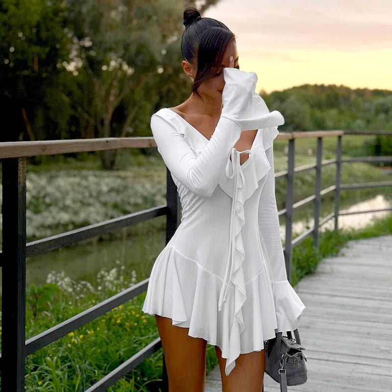 SOERA Iris V-Neck Ruffle Mini Dress - Dress - SOERA-252867-WHI-L-54083 L
