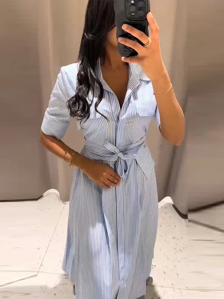 SOERA Katniss Striped Lace - Up Collar Maxi Dress - Dress -  Blue XS