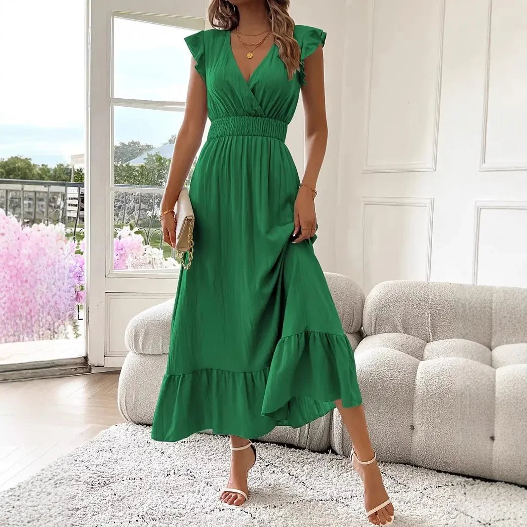 SOERA Livia Black V - Neck Ruffle Swing Dress - Dress -  Green S