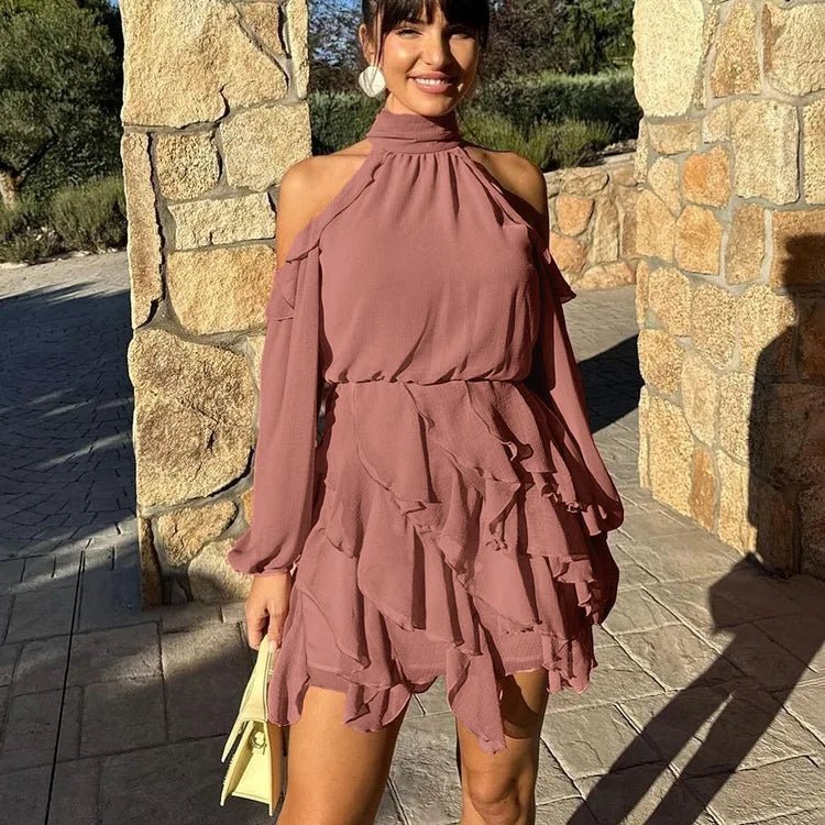halter long sleeve mini dress Bababy - Long-Sleeve Halter Cold-Shoulder Plain Mini Bodycon Dress