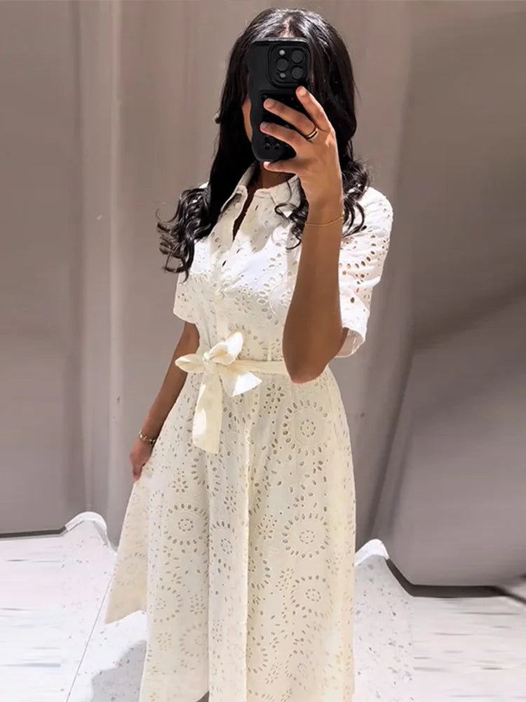 SOERA Merida Embroidered Belted Midi Dress - Dress -  White S