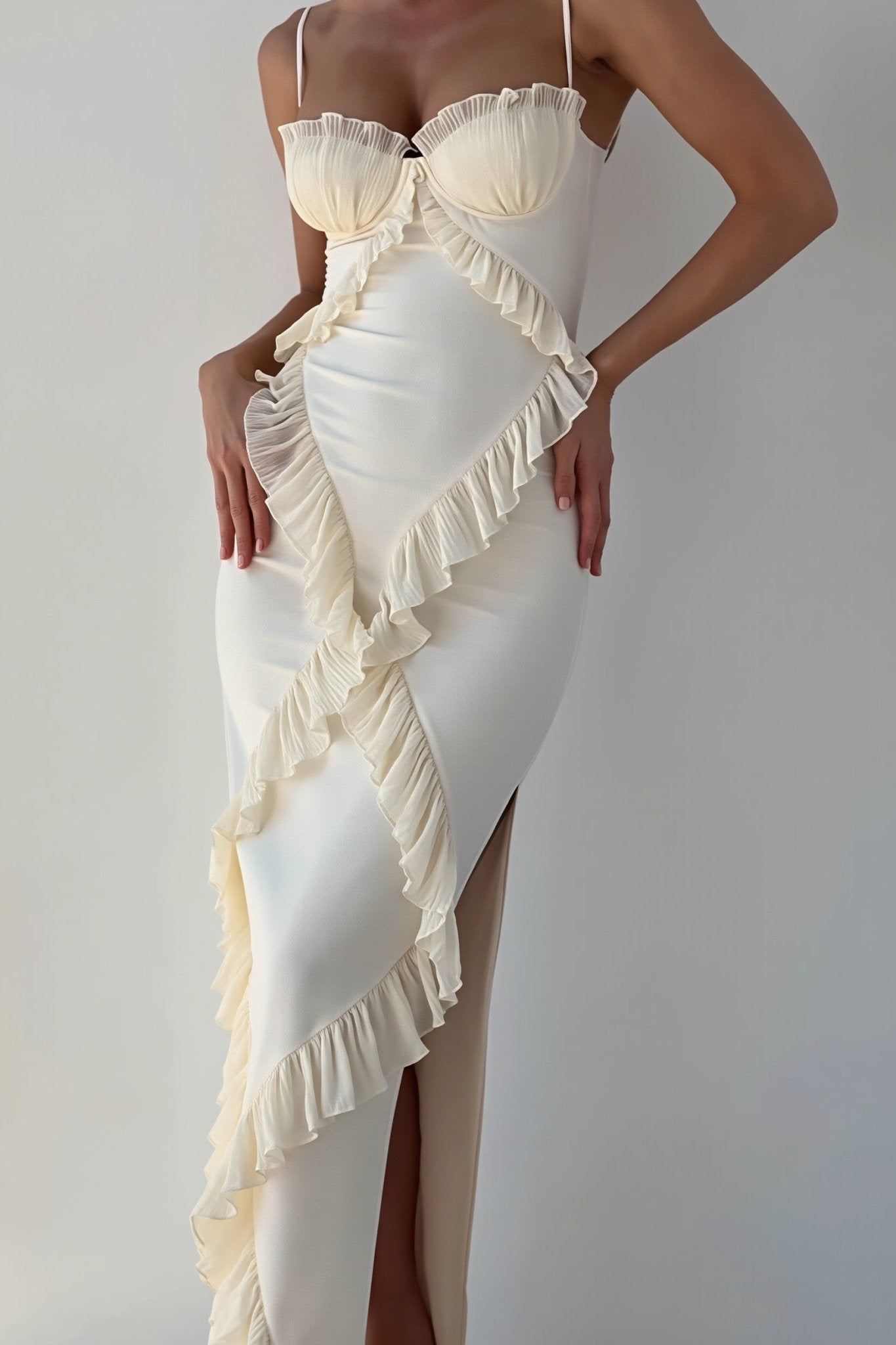 Aishrini Lace Ruffle Maxi Dress in White, Women's Lace Ruffle Maxi Dress, Lace-on-Lace Patchwork, Spaghetti Straps, Romantic Chic Evening Dress, SOERA