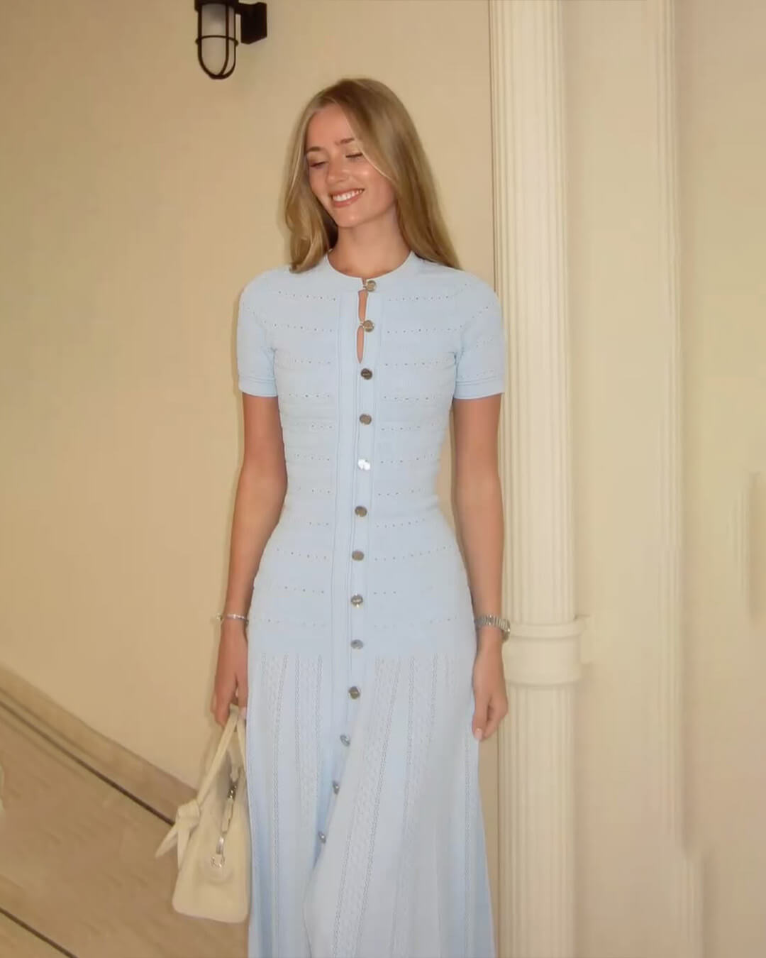 light blue knit midi dress Moon Dance Open Back Short Sleeve Knit Midi Dress Steel Blue