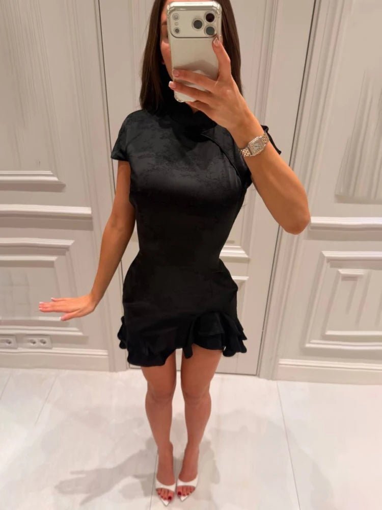 SOERA Reagan Satin Patchwork Lace Collar Dress - Dress -  Black S