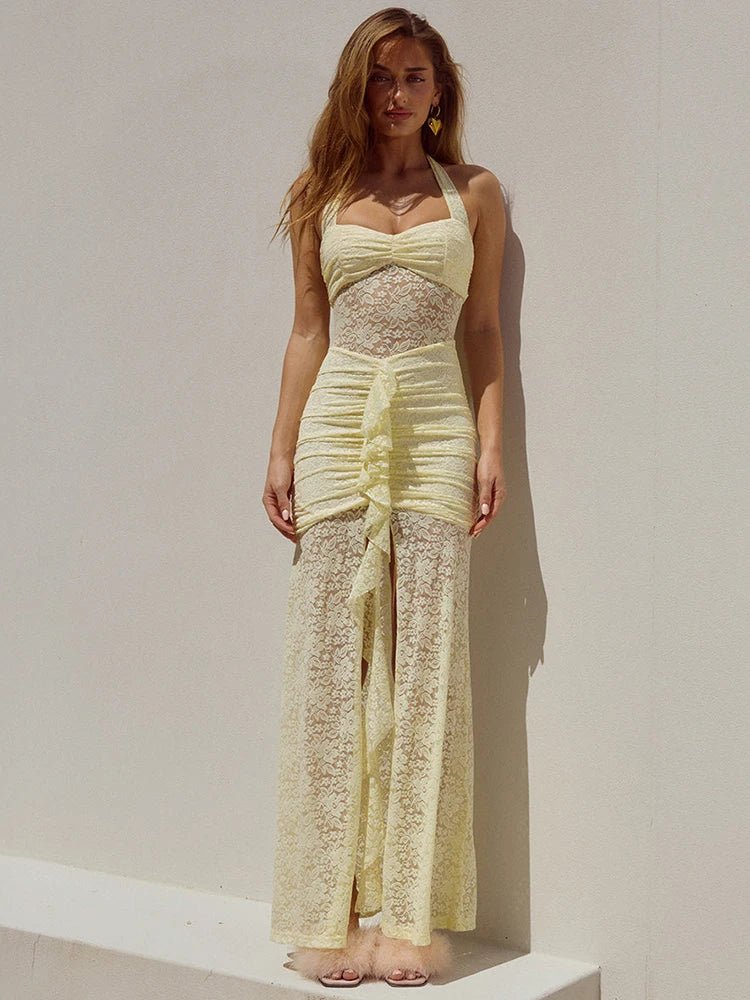 SOERA Selene Lace Draped Halter Maxi Dress - Dress -  Yellow S
