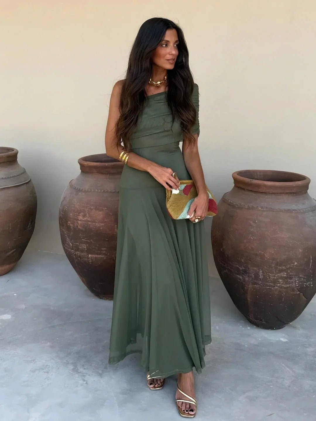 off shoulder ruched dress PRETTYGARDEN Womens 2025 Summer The Bodycon Sleeveless Split Cocktail Party Maxi Dresses (Army Green,Small) 57 Bust Sienna draped Gathered Maxi Dress