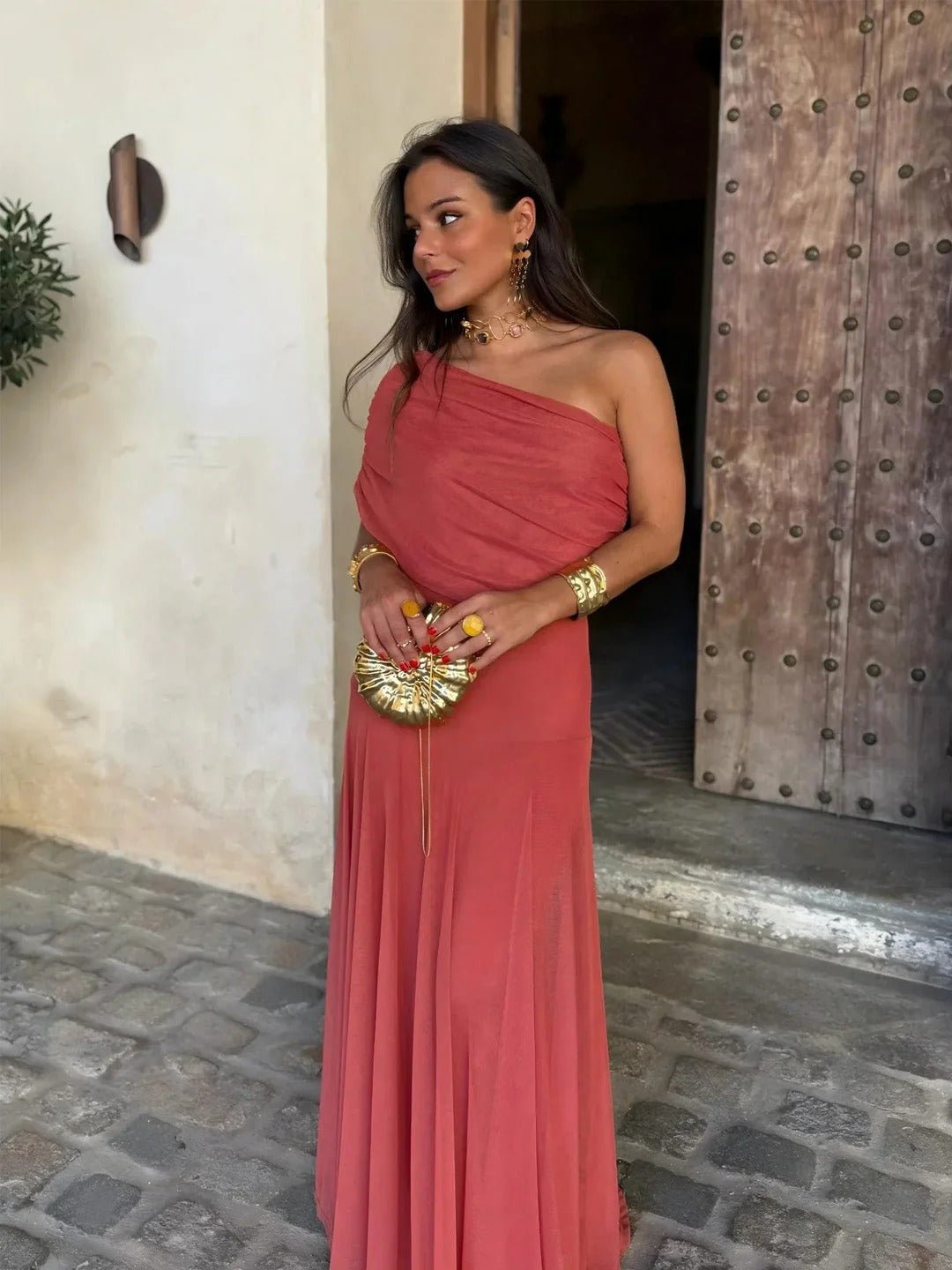 SOERA Sienna Off-Shoulder Ruched Maxi Dress - Dress - SOERA-616515-S-TERRAC-37187 Terracotta S