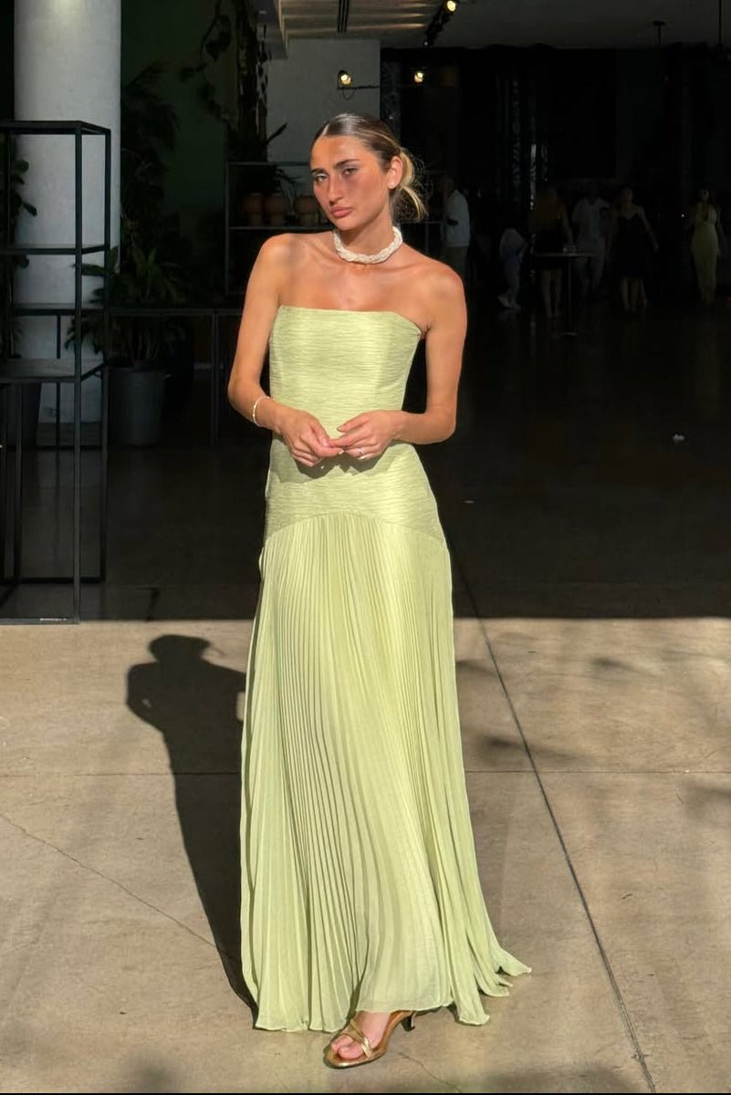 Skyla Strapless Maxi Dress in Green, Women's Strapless Maxi Dress, Drop-Waist Flowing Silhouette, Elegant Special Occasion Wear, Size M, SOERA