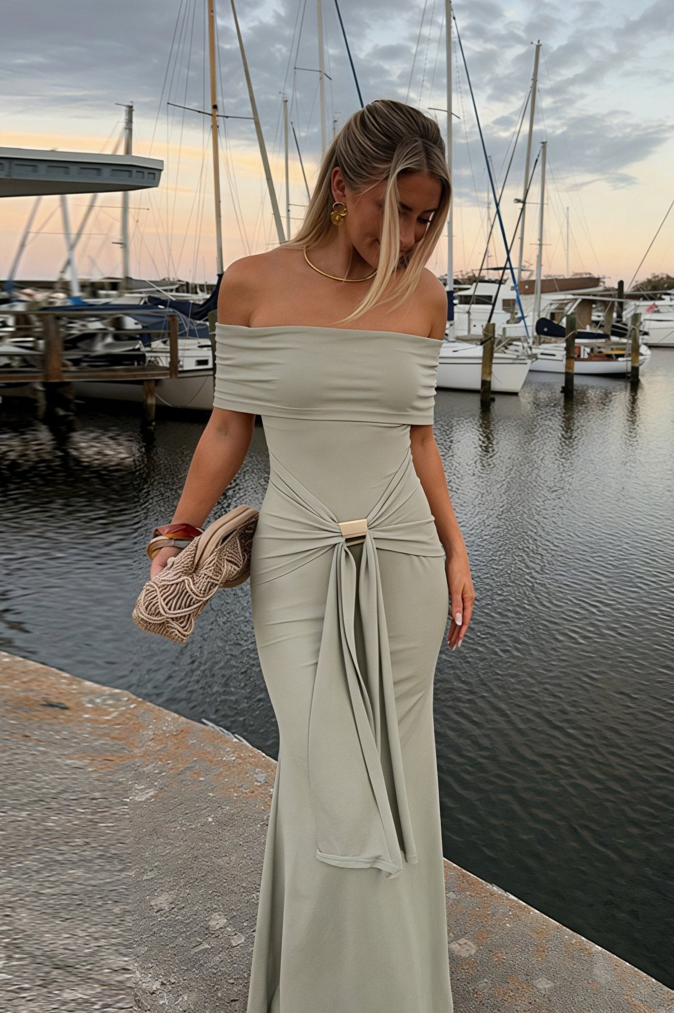 Sophia Off-Shoulder Tie Strap fitted Maxi Dress in Green, Women's Off-Shoulder Tie Strap fitted Maxi Dress, Figure-Flattering, SOERA