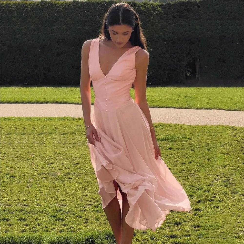 Jessica V-Neck Evening Dress in Pink, Women's V-Neck Evening Dress, Sleek Elegant Formal Gown, Figure-Skimming Silhouette, Size S, SOERA