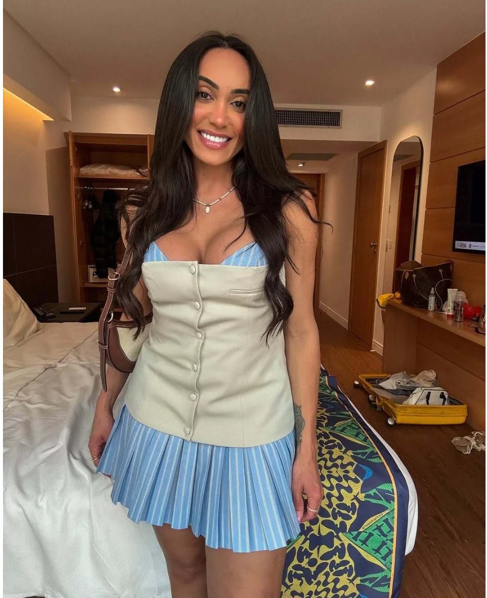 SOERA Trina Striped Pleated Corset Mini Dress - Dress - SOERA-657923-KHA-L-78371 Blue L