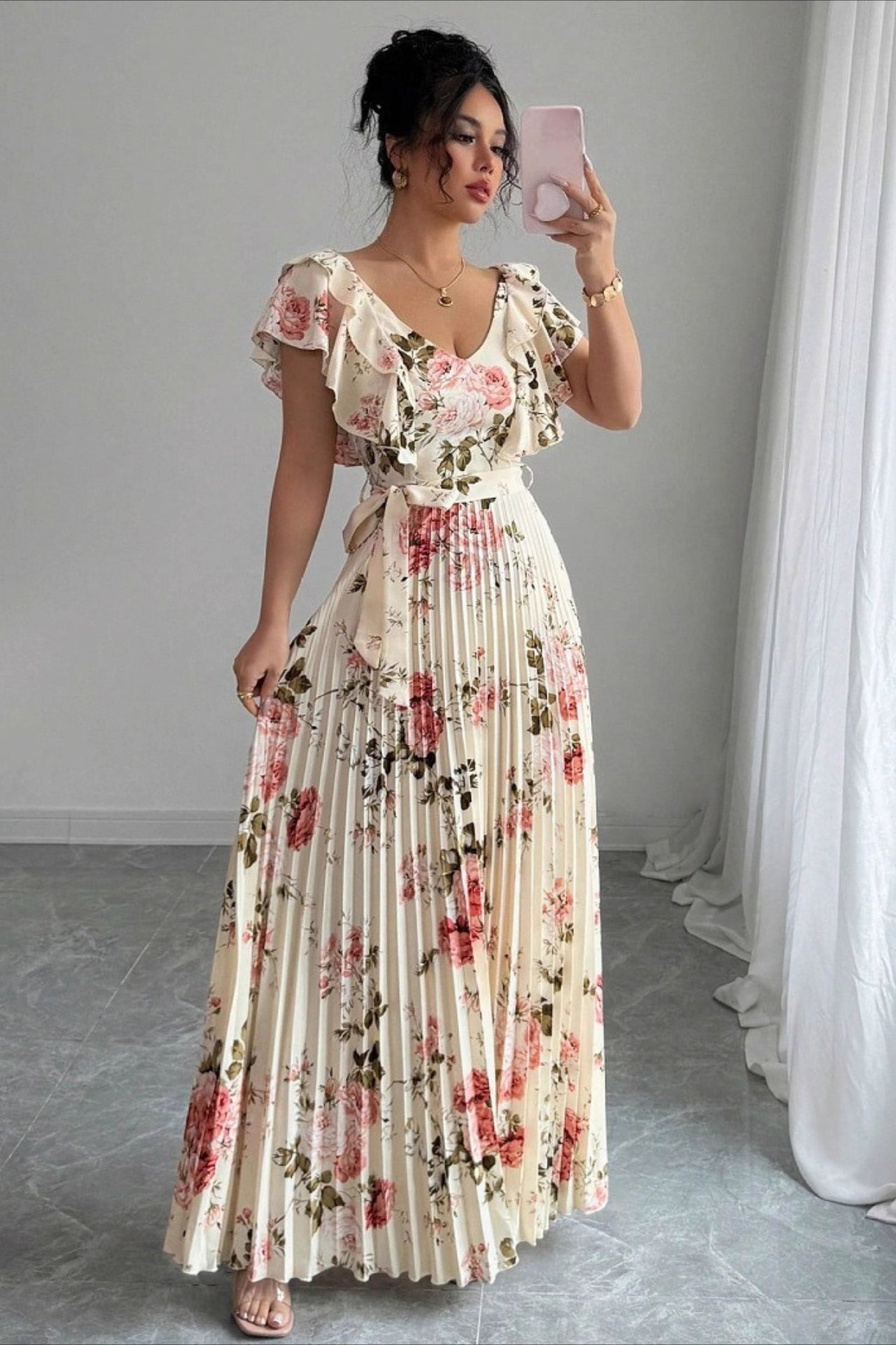 Valentina Floral V-Neck Ruffle Sleeve Maxi Dress in Beige, Women's Floral V-Neck Ruffle Sleeve Maxi Dress, Size XL, SOERA