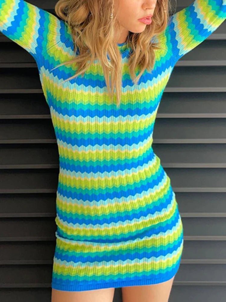Veronica Striped Mini Dress in Green, Women's Striped Mini Dress, Cut-Out Detail, Long Sleeves, Modern Slim Silhouette, Size L, SOERA