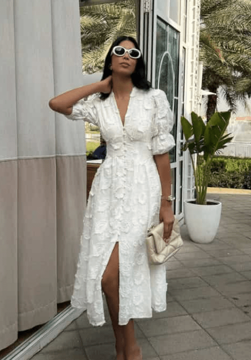 Celeste Embroidered Lace V-Neck Midi Dress in White, Midi Dress for brunch, chic Embroidered dress, women's dress, Size S, SOERA