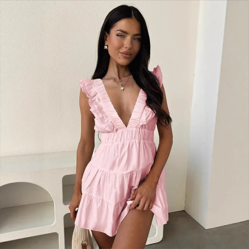 SOERA Zelia V - Neck Ruffle Sleeveless Dress - Dress -  Pink XS