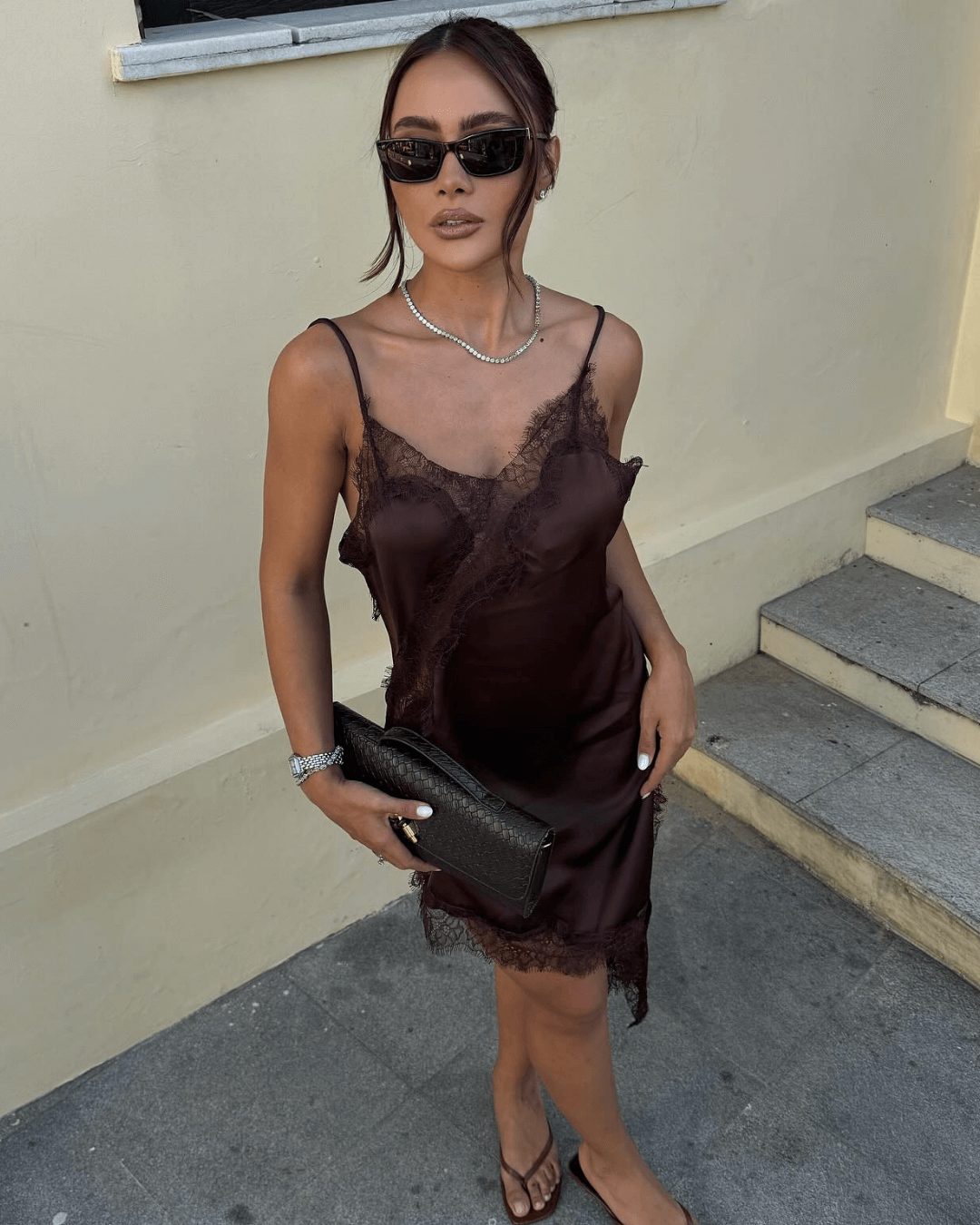 Arah Asymmetric Satin Lace Midi Dress in Brown Dress, Women's Asymmetric Midi Dress, Satin Lace V-Neck Sleeveless, SOERA Arah Asymmetric Satin Lace Midi Dress in Brown Dress, Women's Asymmetric Midi Dress, Satin Lace V-Neck Sleeveless, SOERA