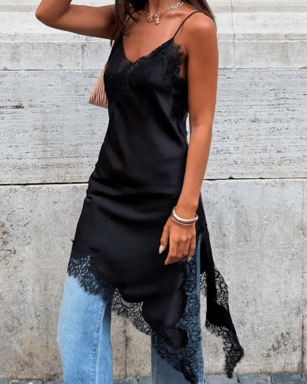 SOERA Arah Asymmetric Satin Lace Midi Dress - Dresses - zp1760544073337023784 Black XS