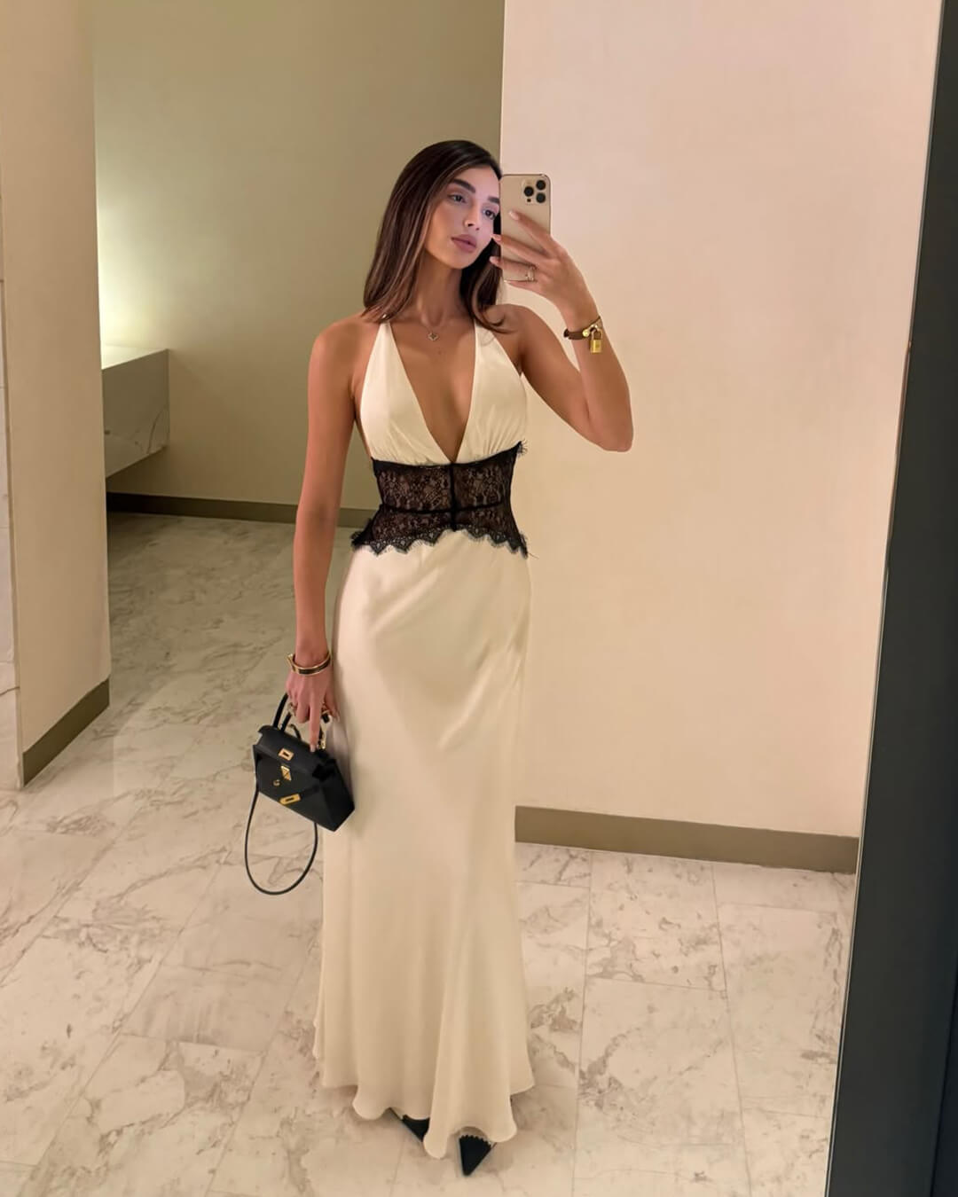 Astrid Satin Lace Waist Open-Back Dress in Black, Women's Open-Back Satin Maxi Dress, V-Neck Lace Waist Evening Gown, SOERA Astrid Satin Lace Waist Open-Back Dress in Black, Women's Open-Back Satin Maxi Dress, V-Neck Lace Waist Evening Gown, SOERA