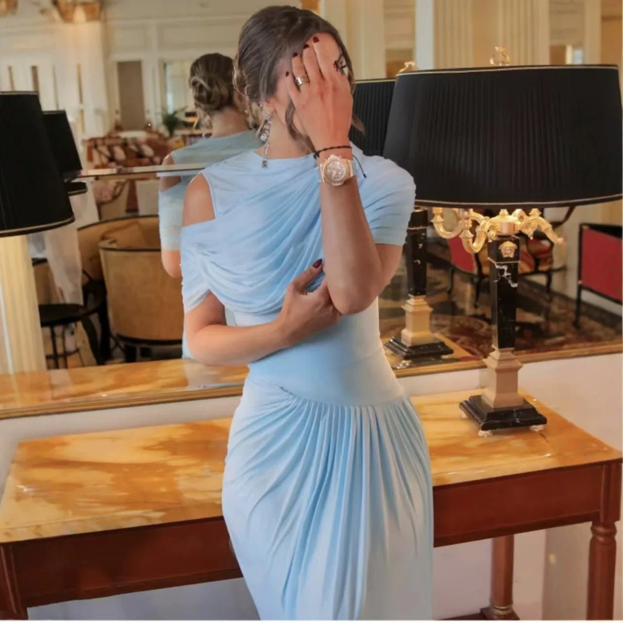 Ahmaka Elegant fitted Maxi Dress in Light Blue, Women's fitted Maxi Dress, Body-Hugging Evening Gown, SOERA