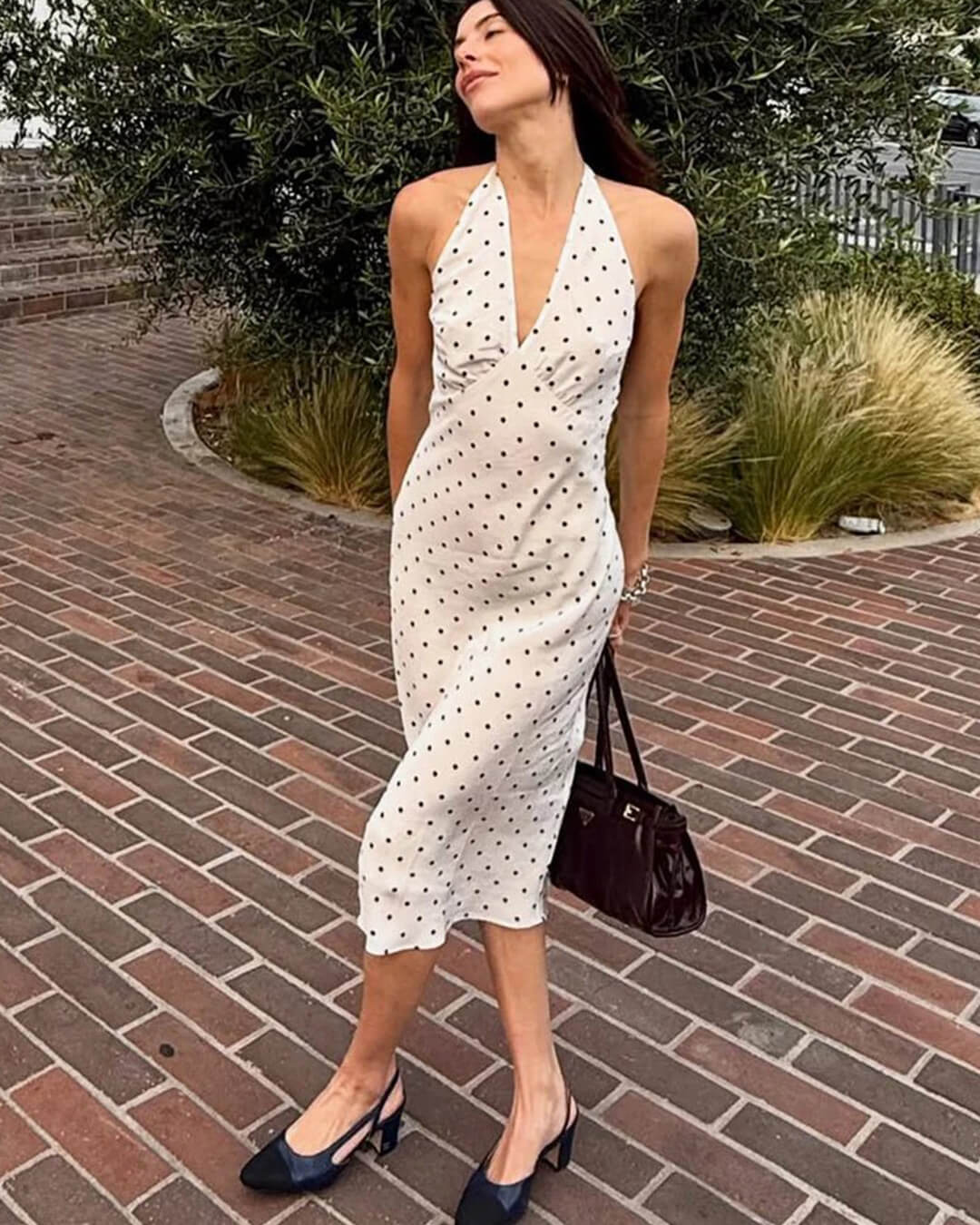 Bianca Polka Dot Maxi Dress in Black, Women's Polka Dot Maxi Dress, Lace-Up Back Detail, Floor-Length Evening Wear for Women, Size M, SOERA