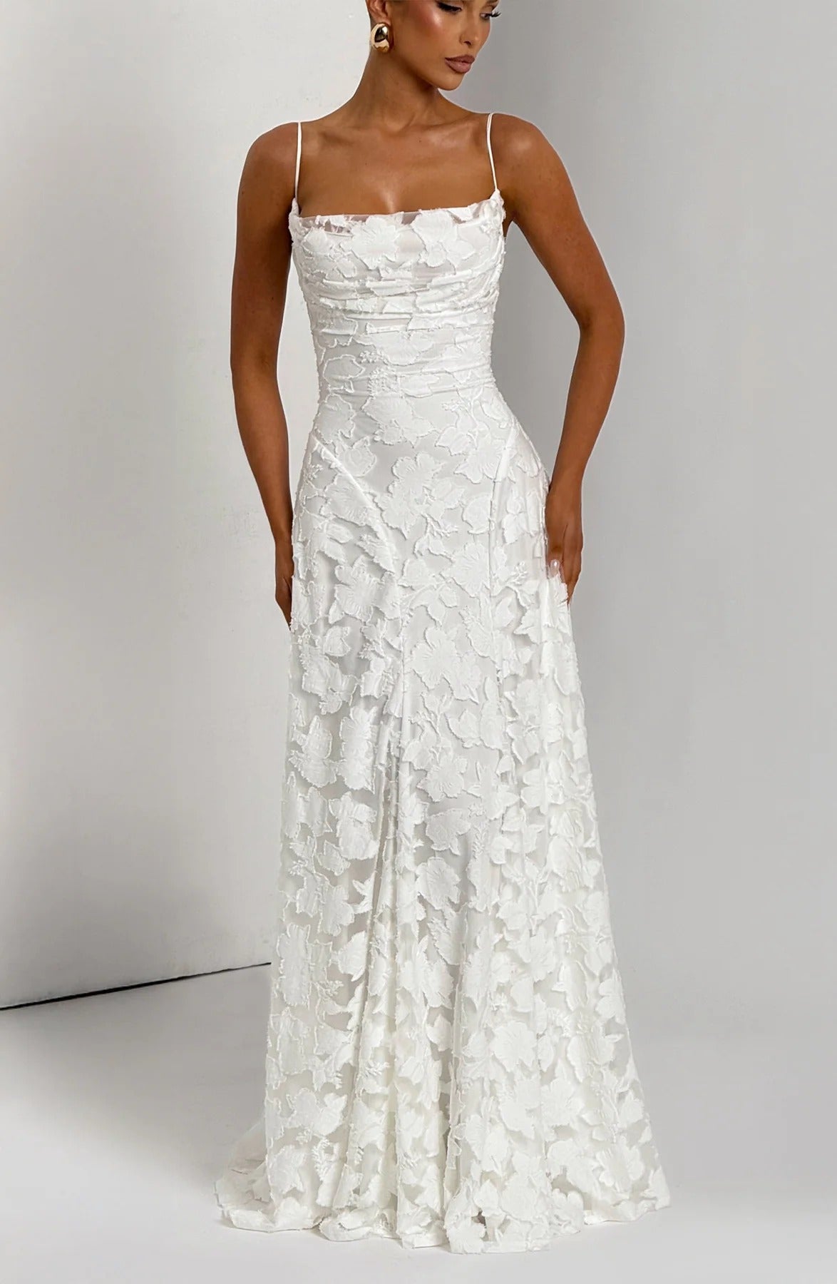 brielle maxi dress in white Fringe Trim Sleeveless Satin Deep V-Neck, Brielle Fringe Maxi Dress in Ivory, Size M, For Brides Or Cocktail