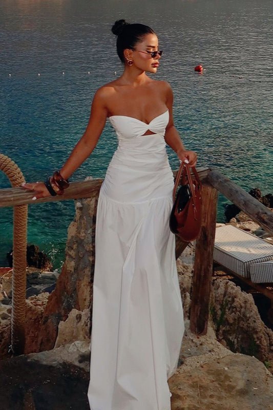 dress store camille Camille Cut-Out Strapless Maxi Dress in White, Women's Strapless Cut-Out Maxi Dress, Off-Shoulder Floor-Length Evening Gown, SOERA