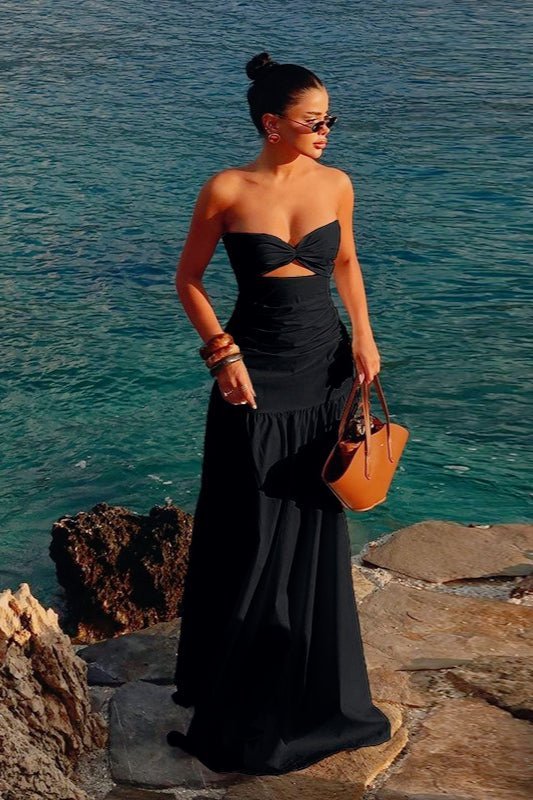 Camille Cut-Out Strapless Maxi Dress in Black, Women's Strapless Cut-Out Maxi Dress, Off-Shoulder Floor-Length Evening Gown, SOERA Camille Cut-Out Strapless Maxi Dress in Black, Women's Strapless Cut-Out Maxi Dress, Off-Shoulder Floor-Length Evening Gown, SOERA
