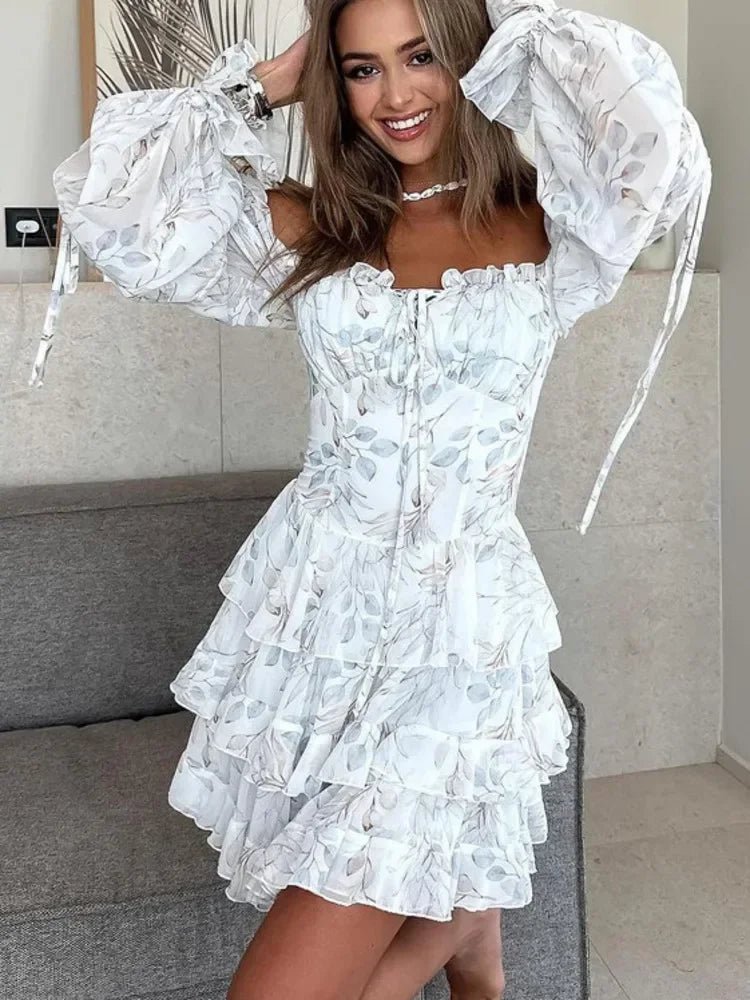 Cate Square Neck Puff Sleeve Mini Dress in White, Women's Square Neck Puff Sleeve Mini Dress, Romantic Vintage Charm, SOERA