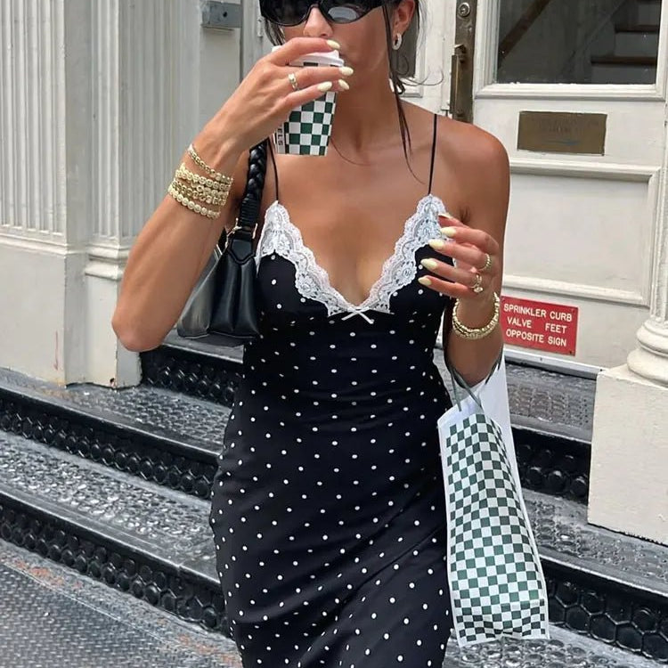 lace and polka dot dress Call My Lover Slip Mini | Brown | Womens Hidden snaps at shoulders to hold cami lining in place Margareta Lace Trim Mini Dress