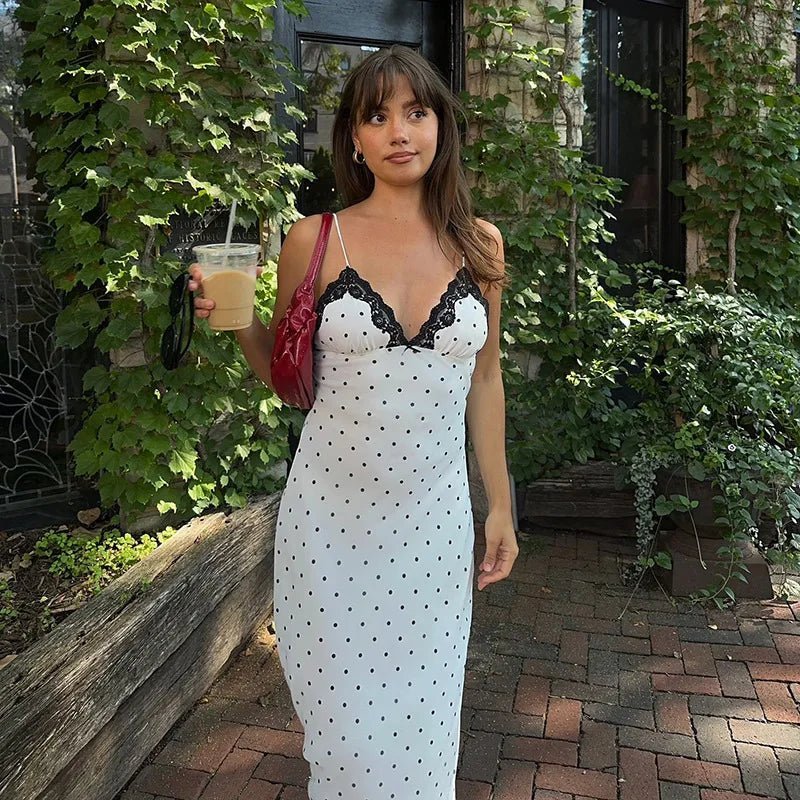 lace trim polka dot dress Mono Satin Polka Dot Lace Trim Maxi Dress