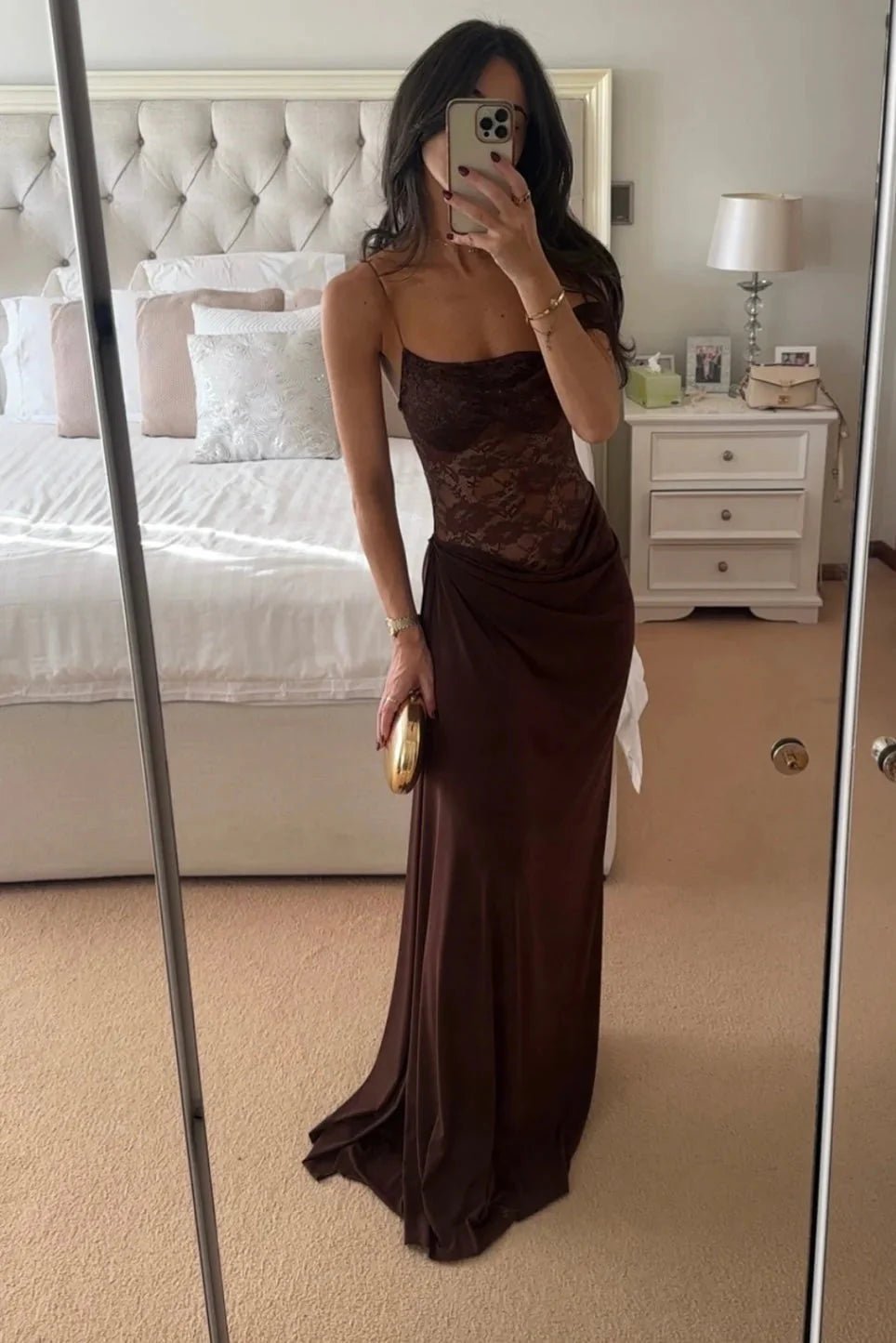 Emily Lace Maxi Summer Dress in Brown, Women's Lace Maxi Summer Dress, Delicate Lace-Top Shiny Skirt, Formal Celebration Gown, SOERA