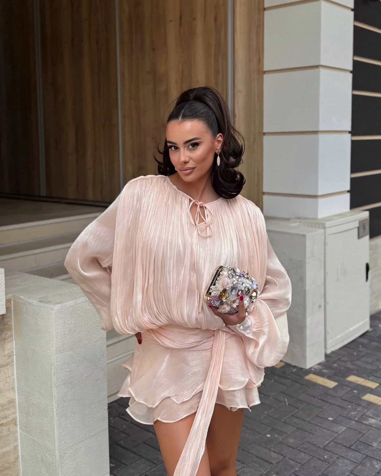 pink blouson dress Rose Pink Sequin Plunge Keyhole Blouson Mini Dress